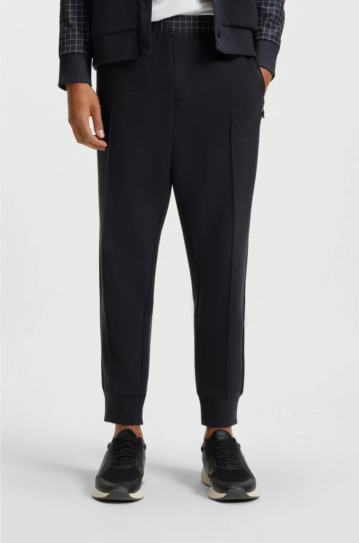 CHECK-PRINT TRACKSUIT BOTTOMS IN STRETCH PIQUE