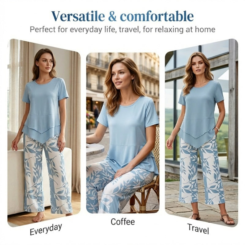 👗 LIMITED TIME: 50% OFF! 🔥 Women's 2-Piece Set – Layered Asymmetrical Tunic Top & Printed Wide Leg Pants, Breathable Polyester ✨