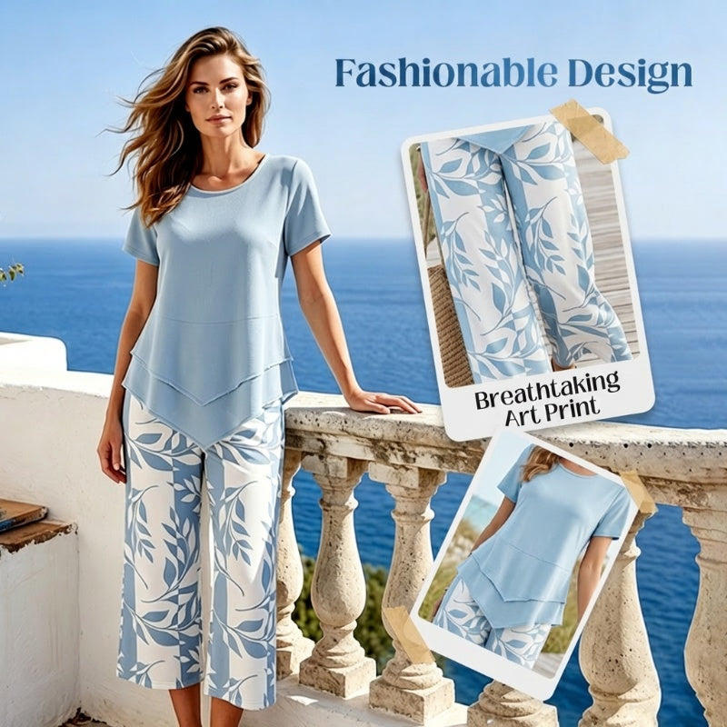 👗 LIMITED TIME: 50% OFF! 🔥 Women's 2-Piece Set – Layered Asymmetrical Tunic Top & Printed Wide Leg Pants, Breathable Polyester ✨