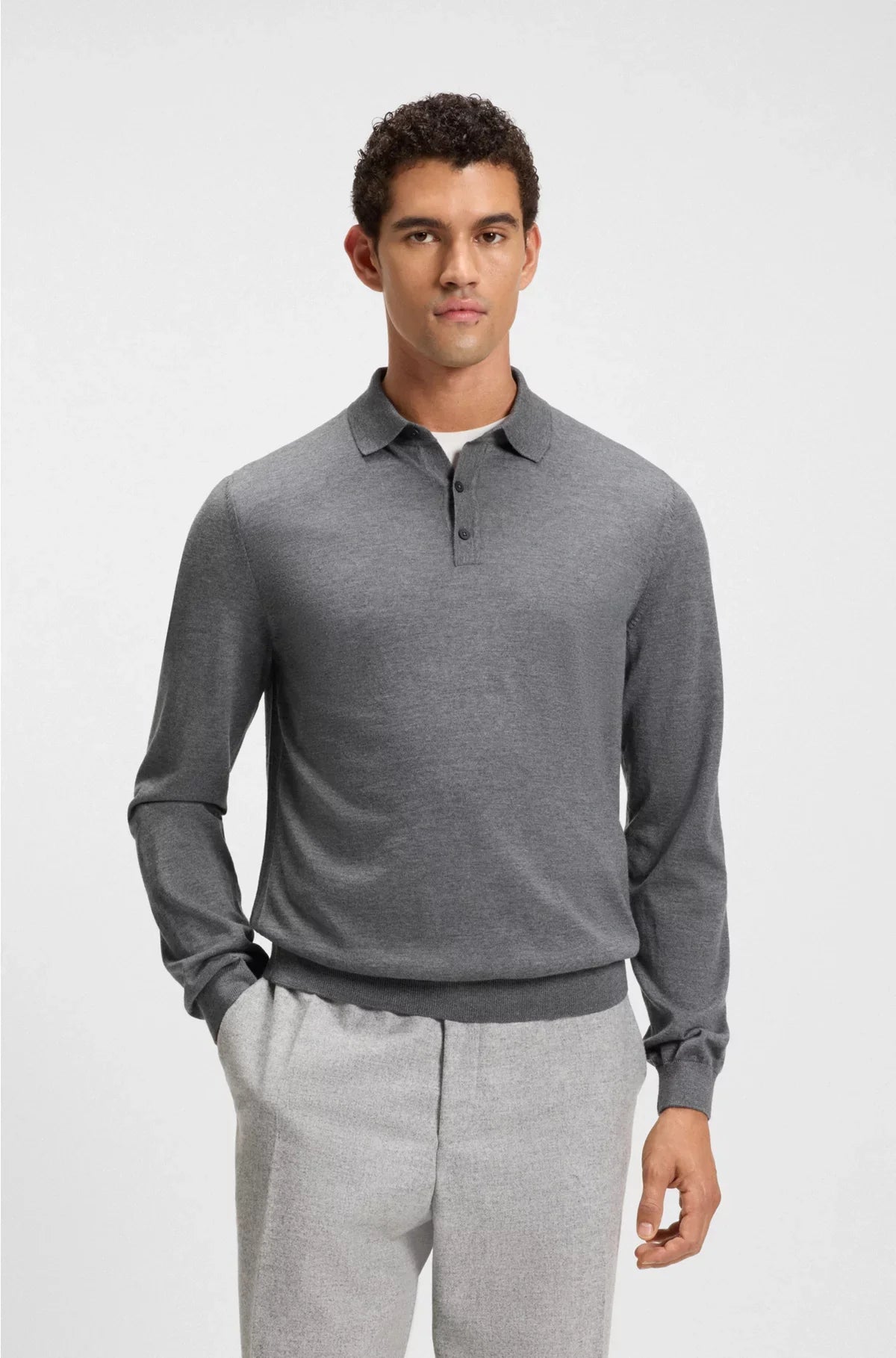 LONG-SLEEVED KNIT POLO SWEATER IN ITALIAN VIRGIN WOOL