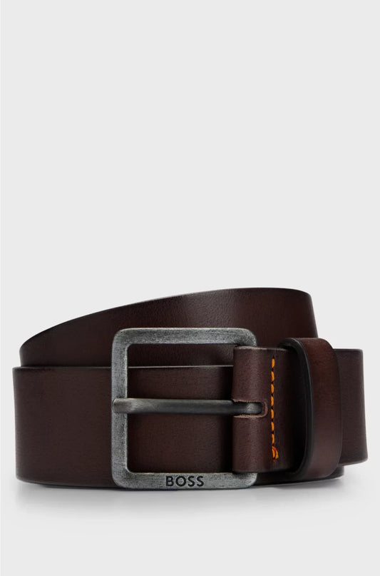 LEATHER BELT WITH LOGO AND DARK RUTHENIUM HARDWARE
