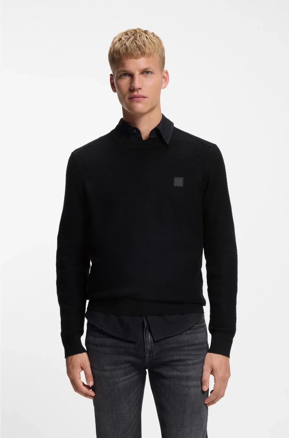 MAGLIONE STRUTTURATO IN COTONE E CASHMERE CON PATCH LOGO