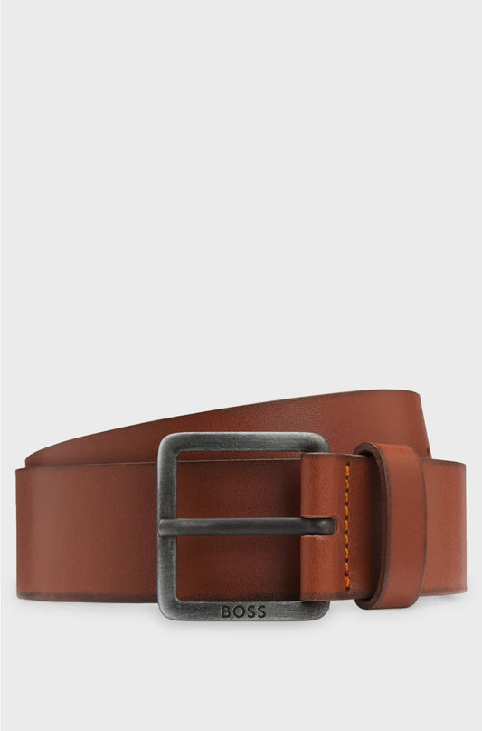 LEATHER BELT WITH LOGO BUCKLE