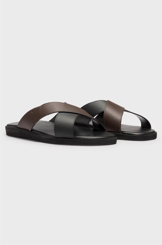 FAUX-LEATHER SLIDES WITH TWO-TONE STRAPS