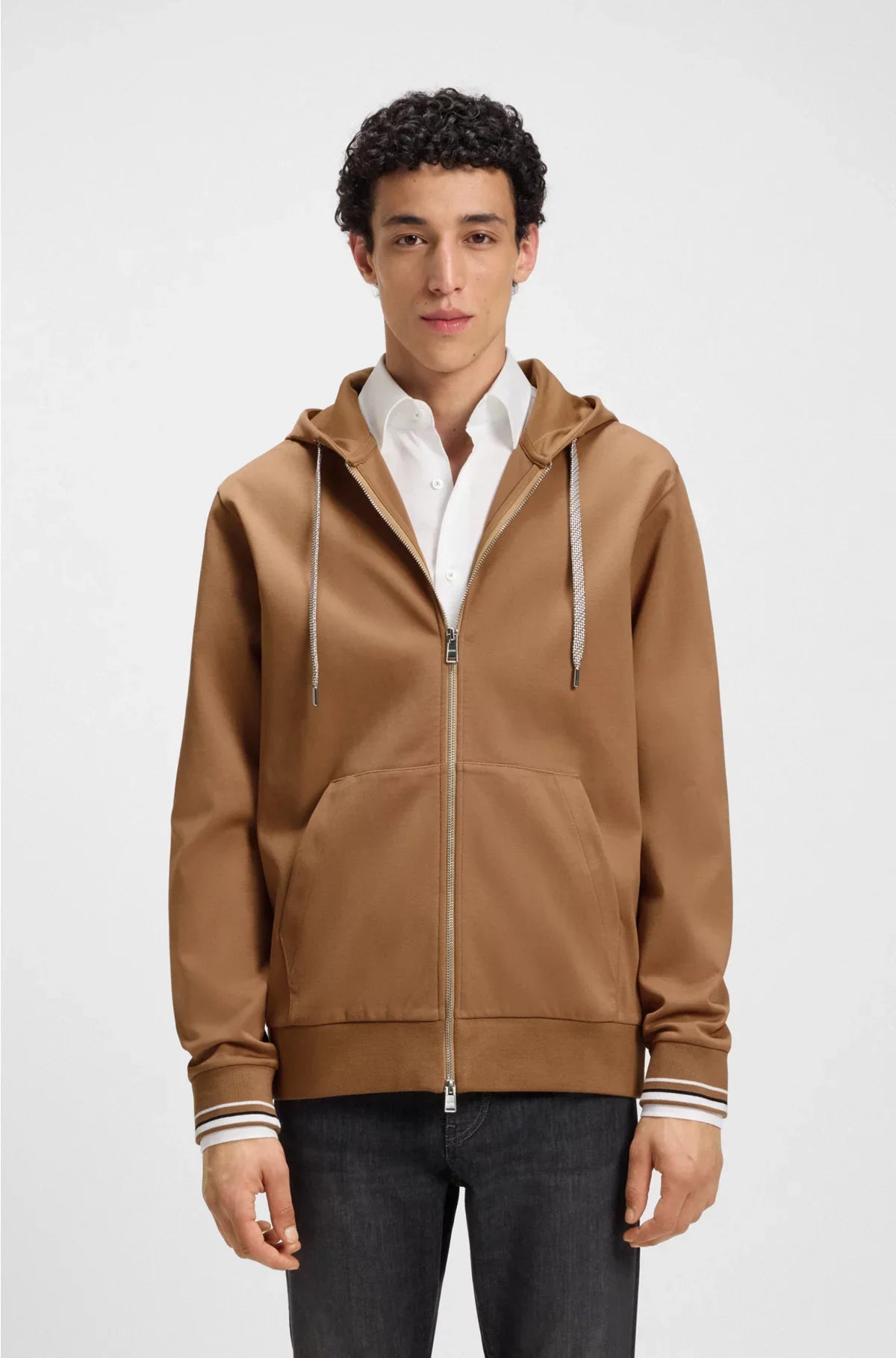 COTTON-BLEND ZIP-UP HOODIE WITH PATTERNED DRAWCORDS