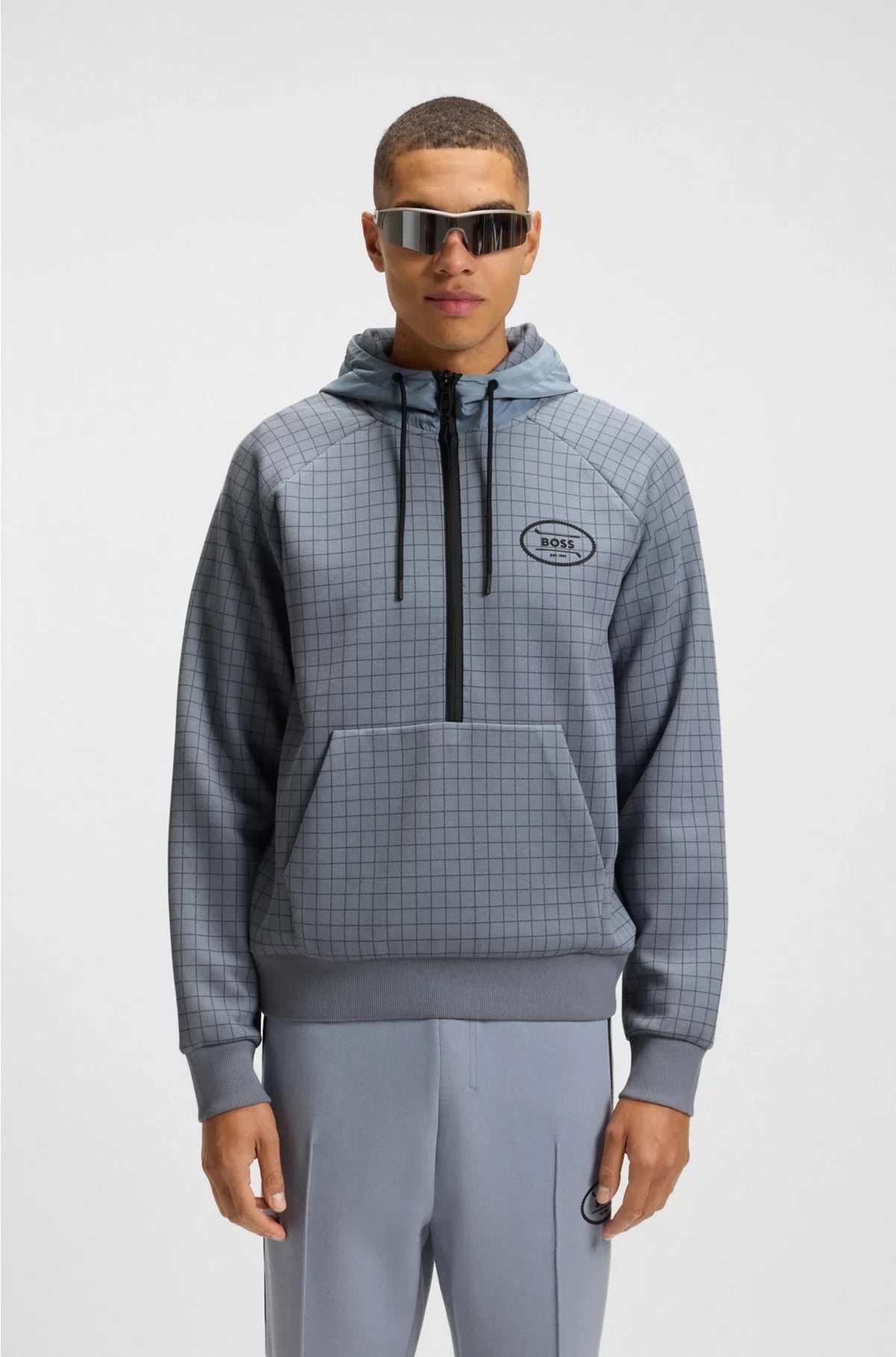 CHECK-PRINT HOODIE IN STRETCH PIQUE WITH GOLF ARTWORK