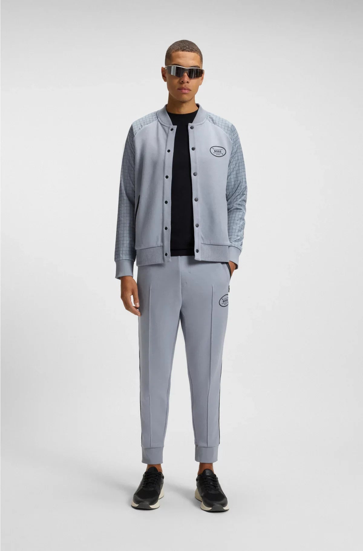 CHECK-PRINT TRACKSUIT BOTTOMS IN STRETCH PIQUE