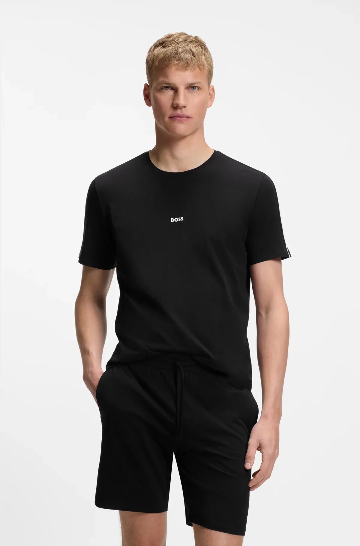 STRETCH-COTTON PYJAMA T-SHIRT WITH SIGNATURE-STRIPE TAPE