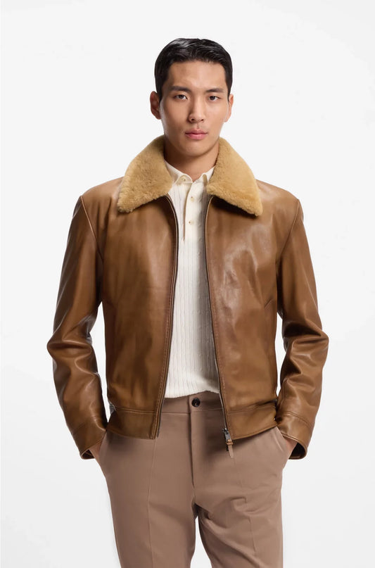 PADDED NAPPA-LEATHER JACKET WITH DETACHABLE SHEARLING COLLAR