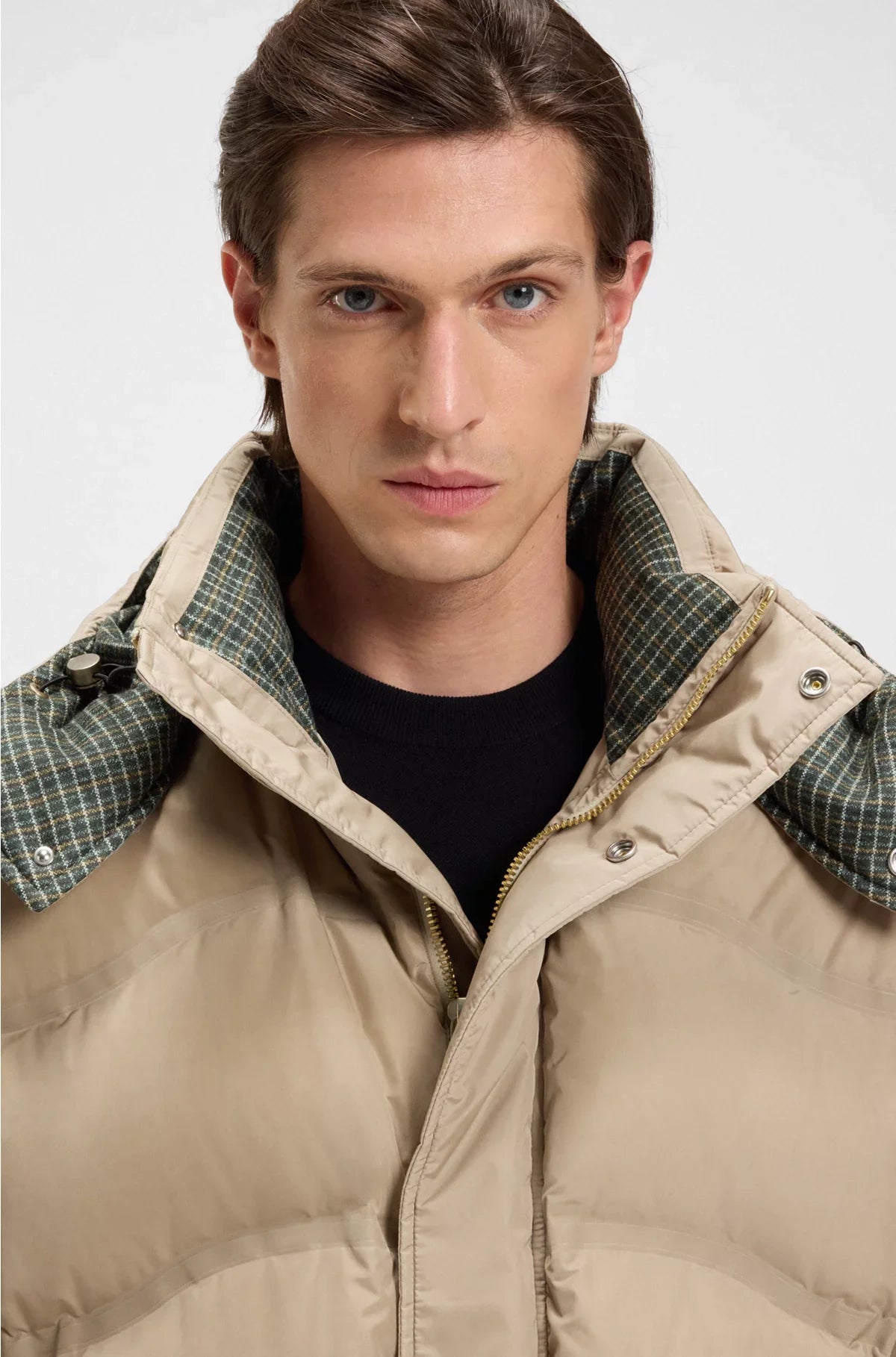 PUFFER JACKET WITH TWEED TRIMS