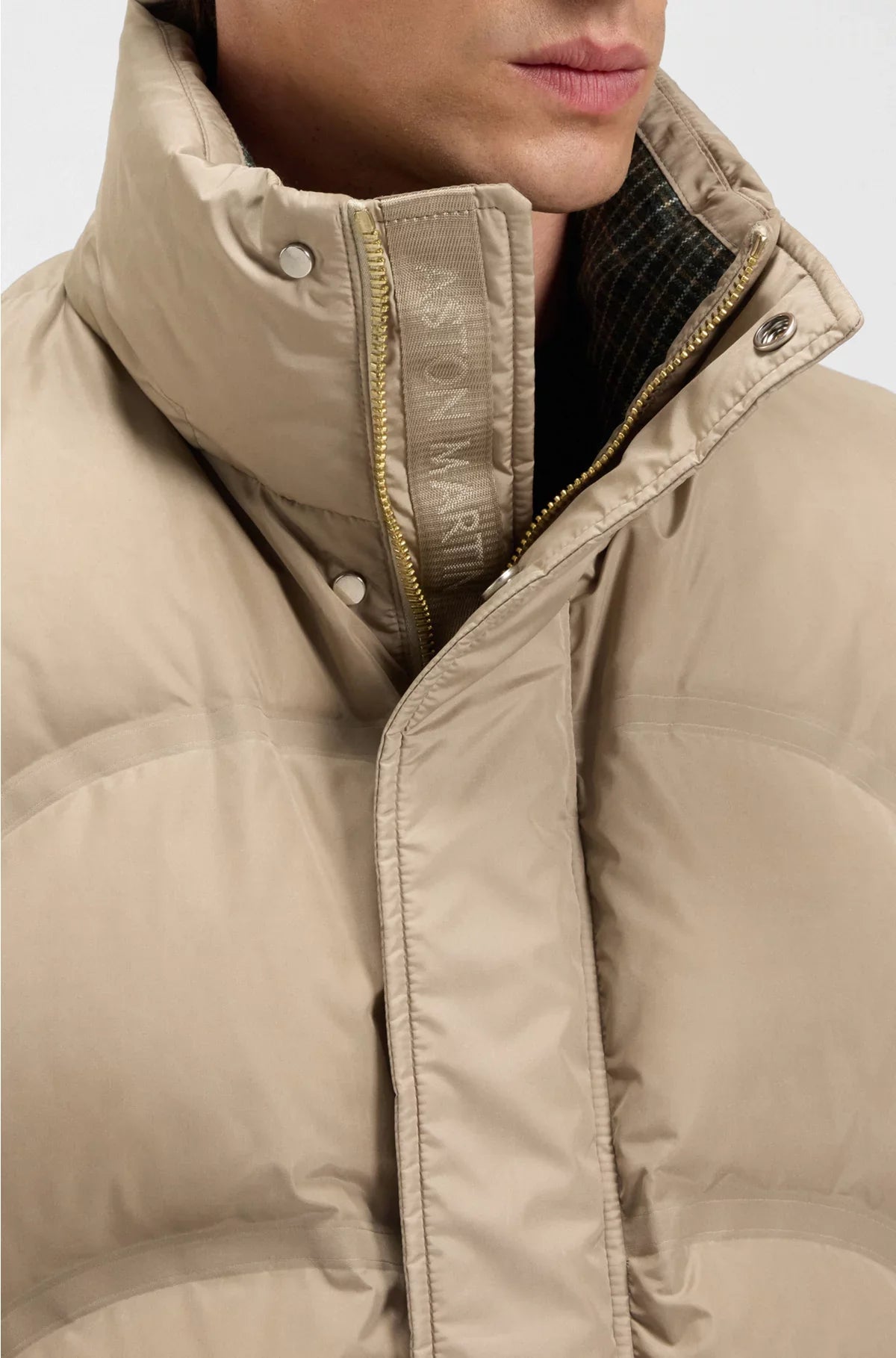 PUFFER JACKET WITH TWEED TRIMS