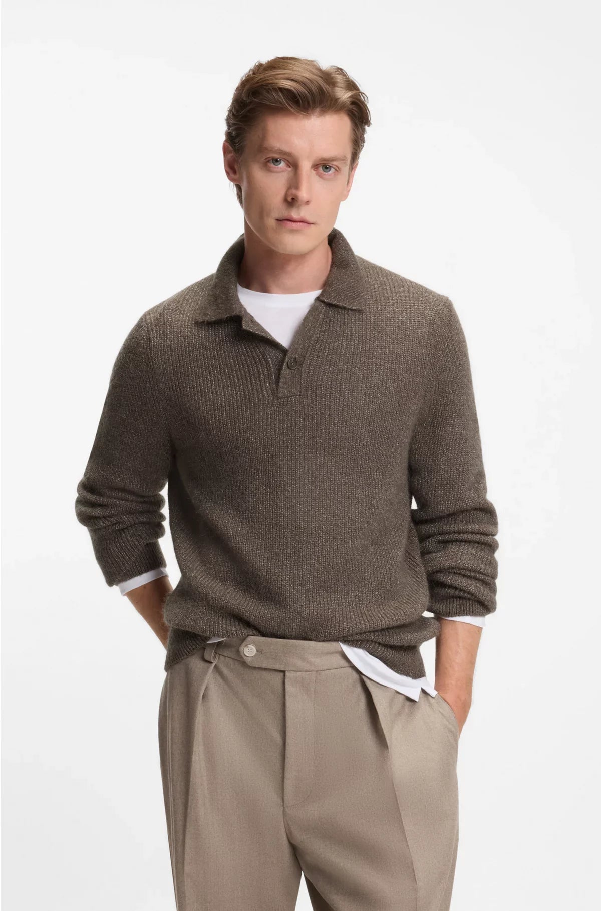 POLO-COLLAR SWEATER WITH MOULINE RIB