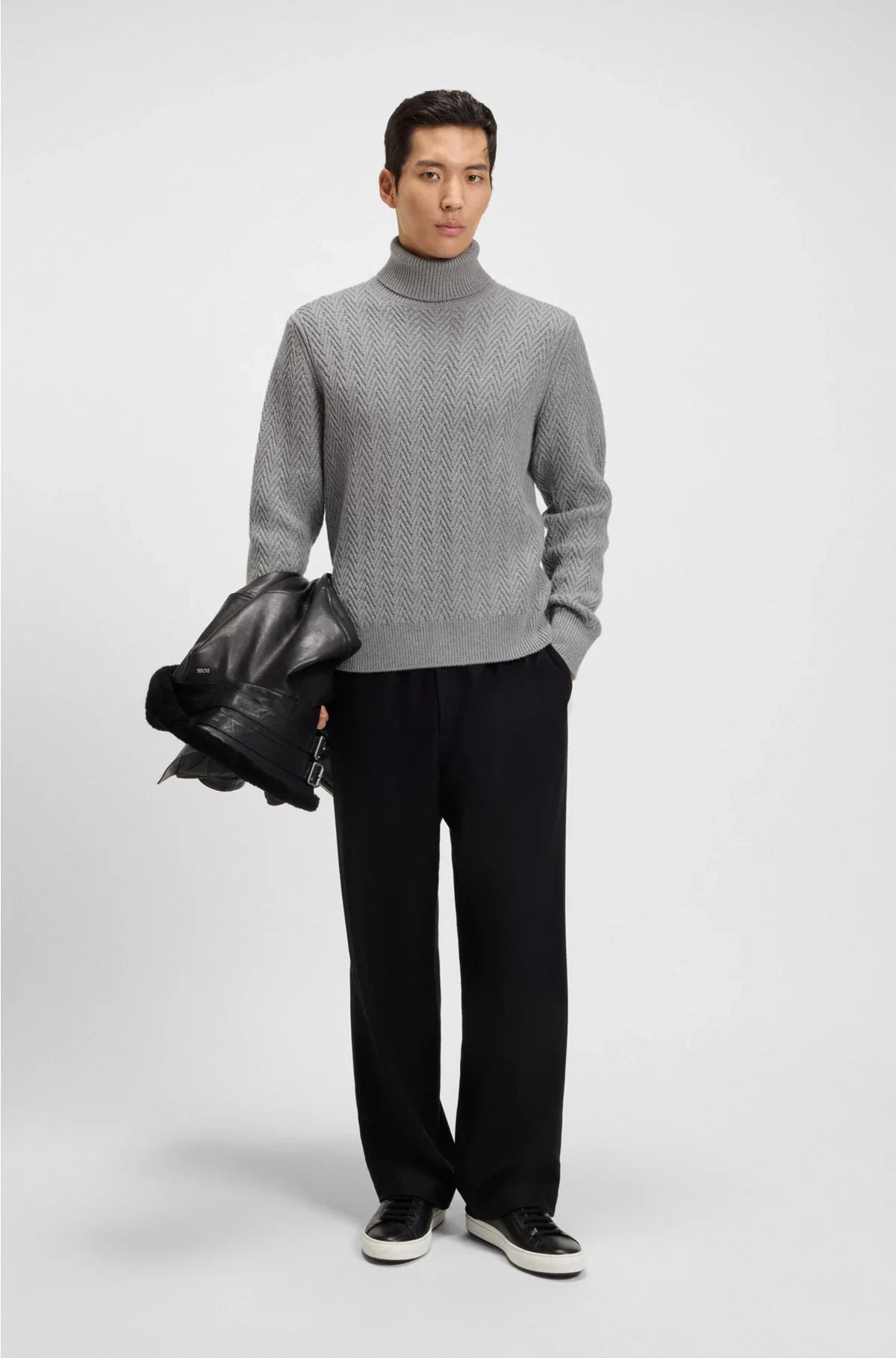 REGULAR FIT ROLLNECK SWEATER IN HERRINGBONE VIRGIN WOOL