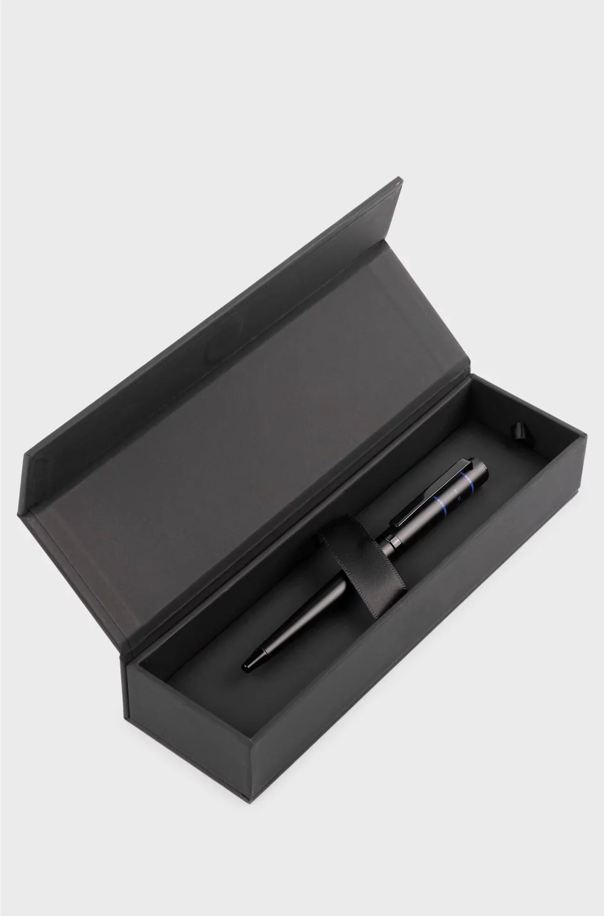 BLACK BALLPOINT PEN WITH BLUE LINES AND LOGO