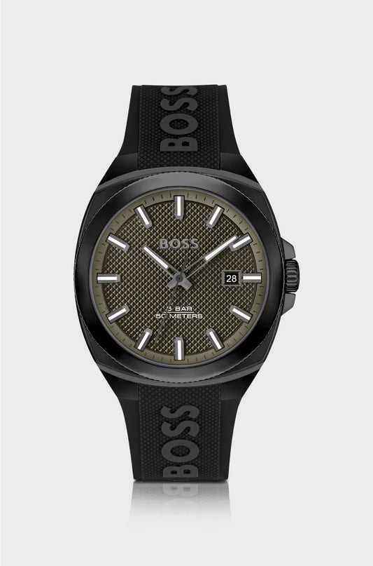 SILICONE-LOGO-STRAP WATCH WITH OLIVE GUILLOCHE DIAL