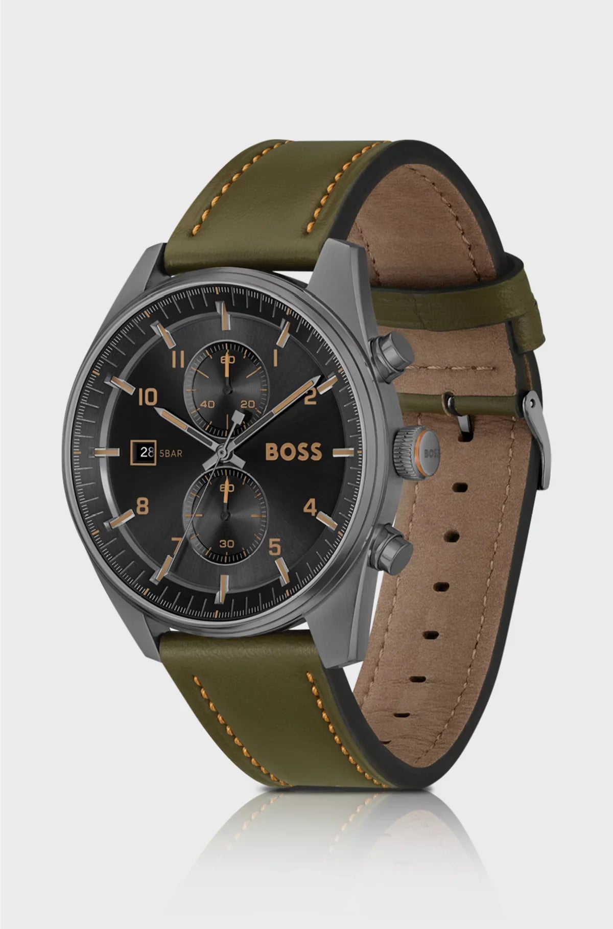 OROLOGIO CRONOGRAFO CON QUADRANTE NERO E CINTURINO IN PELLE VERDE
