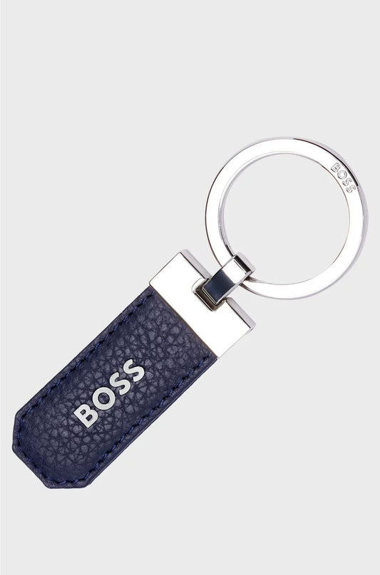 PORTACHIAVI LOGO IN PELLE GRANA BLU NAVY E OTTONE