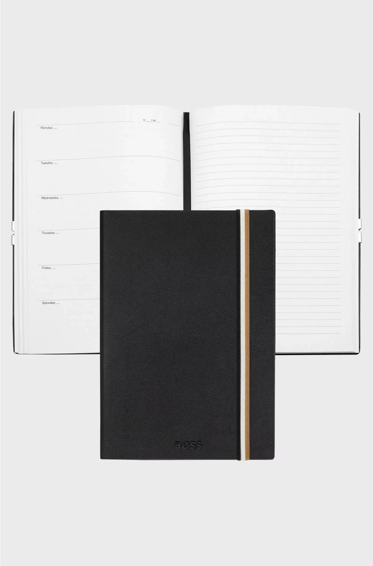 TACCUINO A5 IN SIMILPELLE NERA CON CINTURINO A RIGHE FIRMATE