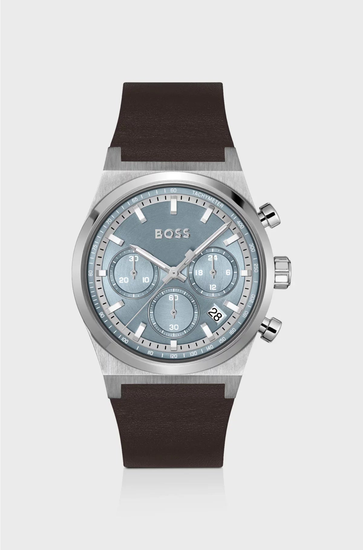 SILVER-TONE CHRONOGRAPH WATCH WITH BROWN LEATHER STRAP