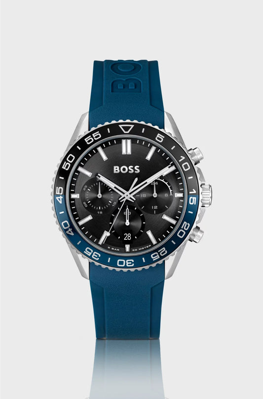 BLACK-DIAL CHRONOGRAPH WATCH WITH BLUE SILICONE STRAP