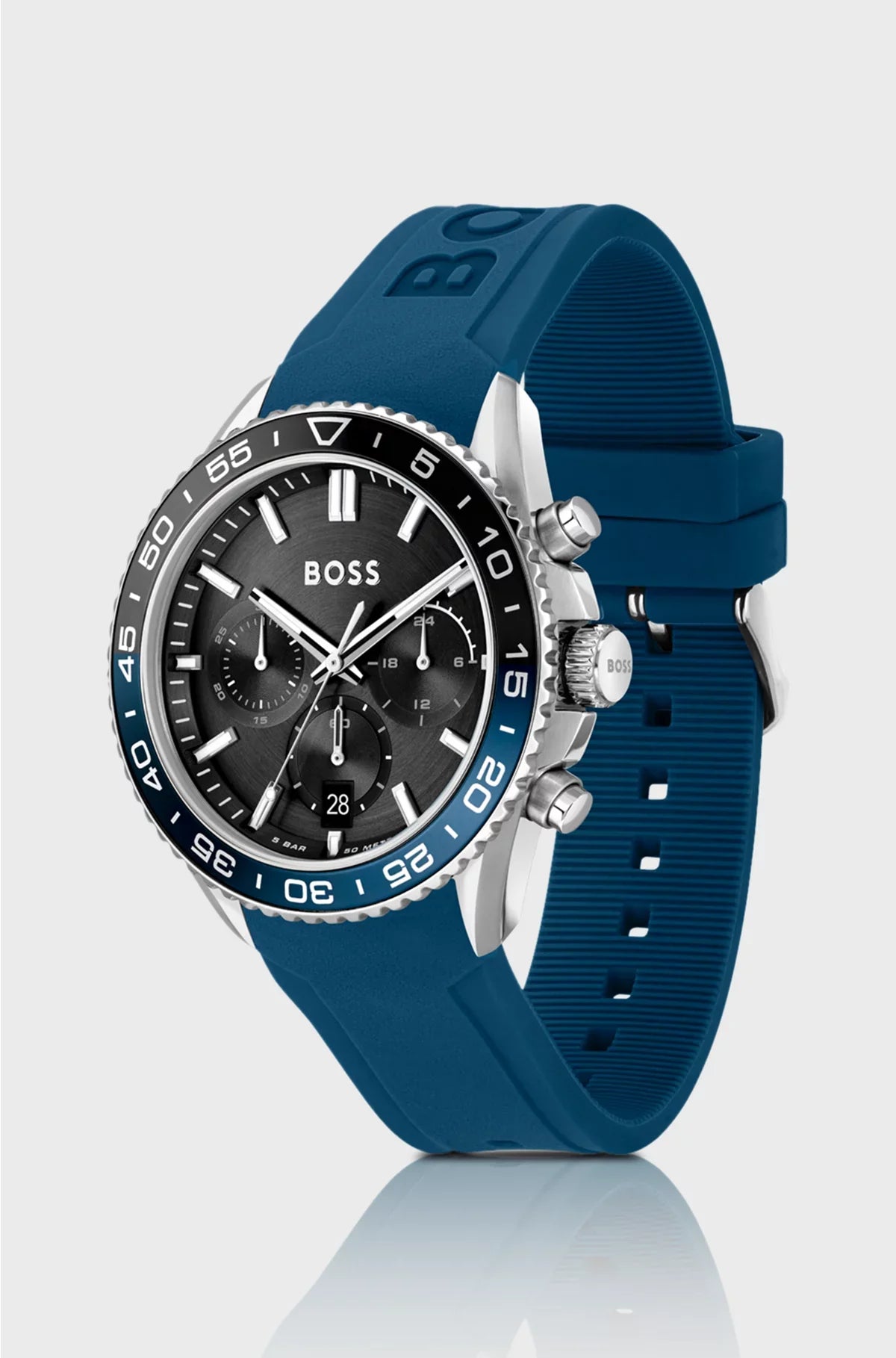 OROLOGIO CRONOGRAFO CON QUADRANTE NERO E CINTURINO IN SILICONE BLU