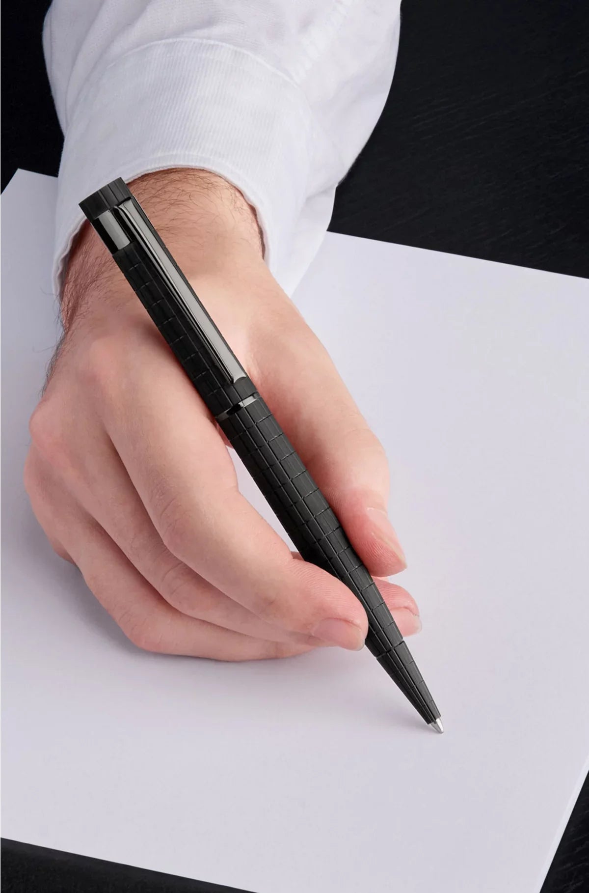 BLACK GRID-TEXTURED BALLPOINT PEN WITH LOGO TRIM