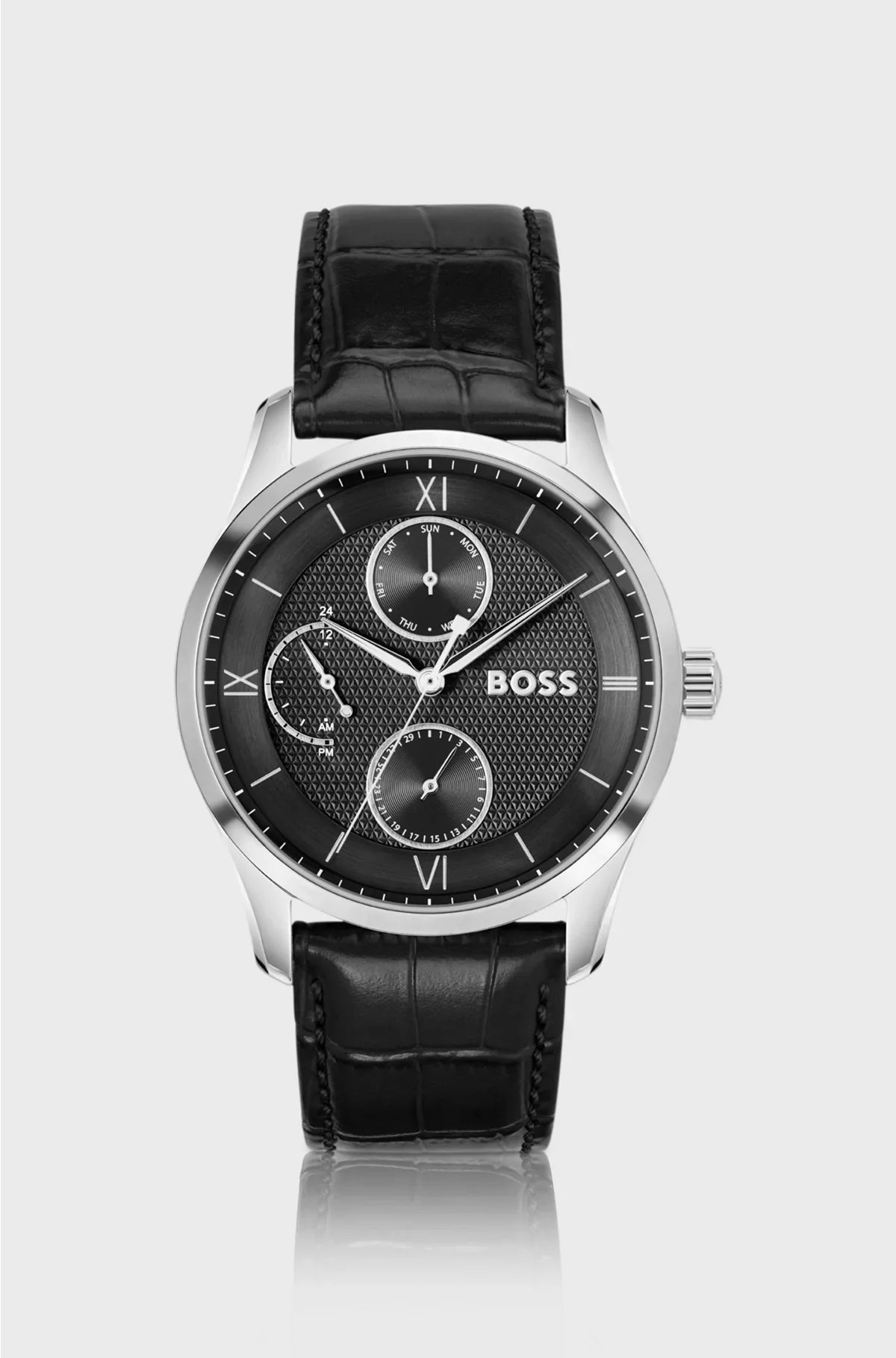 PRINCIPLE MASTER BLACK-TEXTURED-DIAL WATCH WITH LEATHER STRAP
