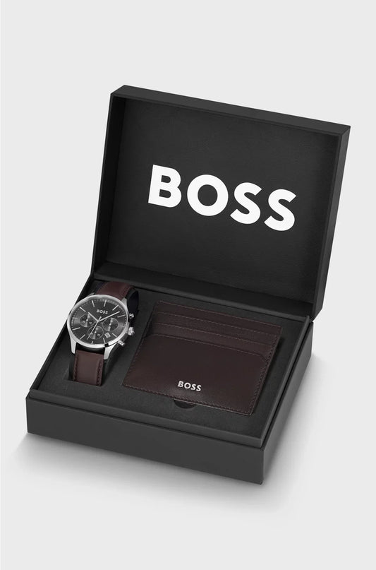 COFANETTO REGALO CON OROLOGIO CRONOGRAFO E PORTACARTE IN PELLE