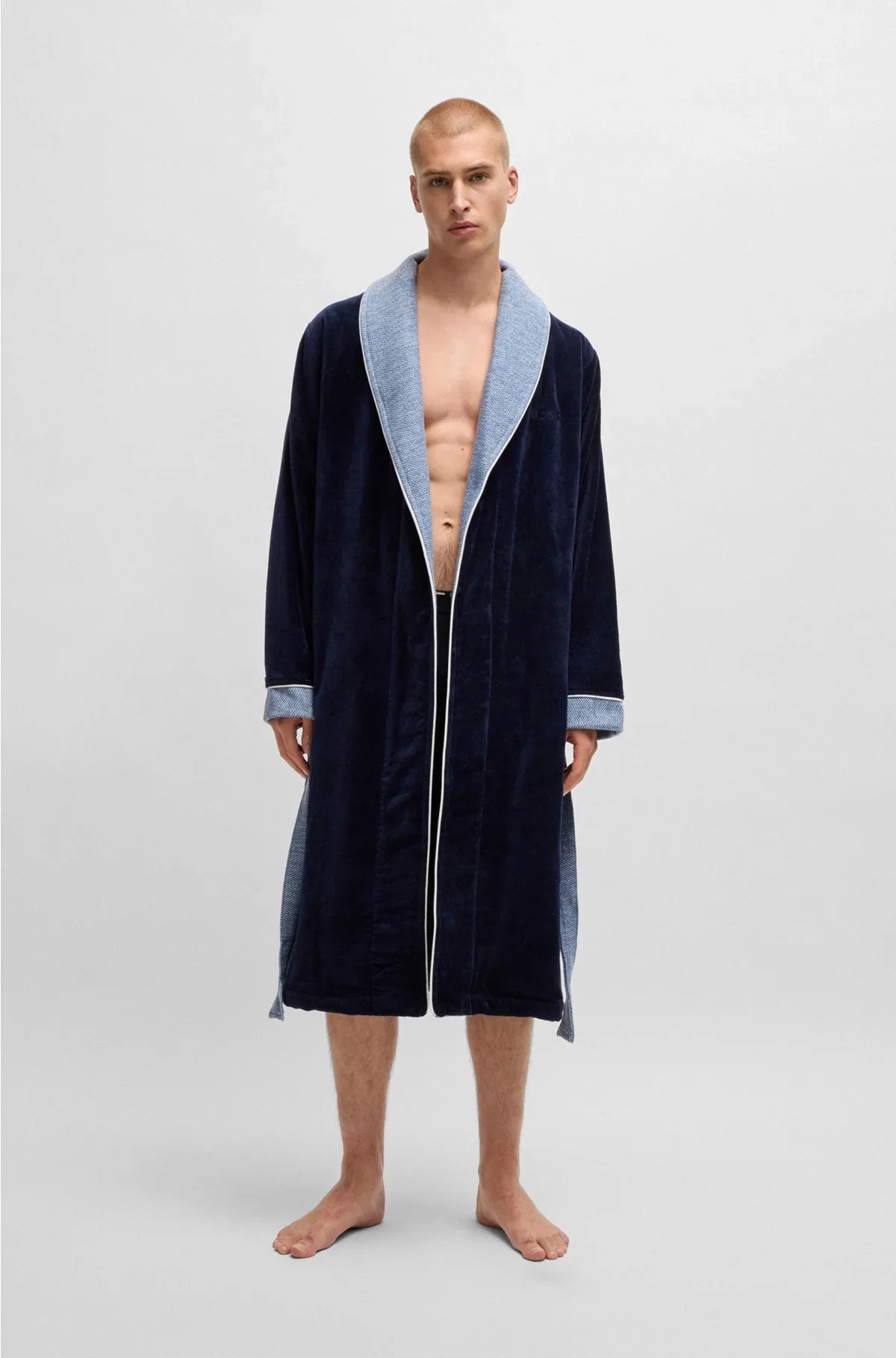 VESTAGLIA IN VELLUTO DI COTONE BLU NOTTE CON LOGO RICAMATO