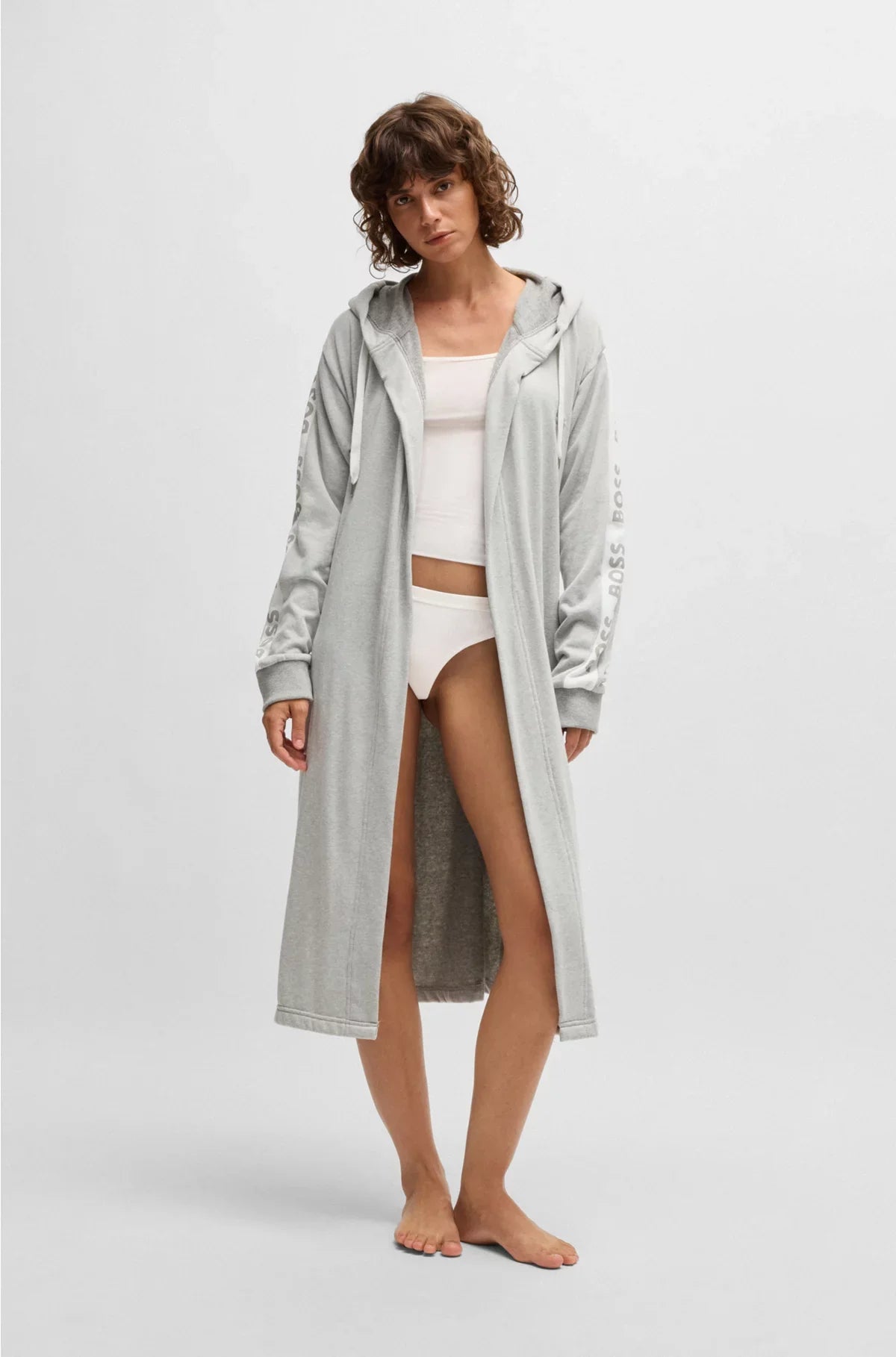 HOODED GREY DRESSING GOWN WITH LOGO-PRINT SLEEVES