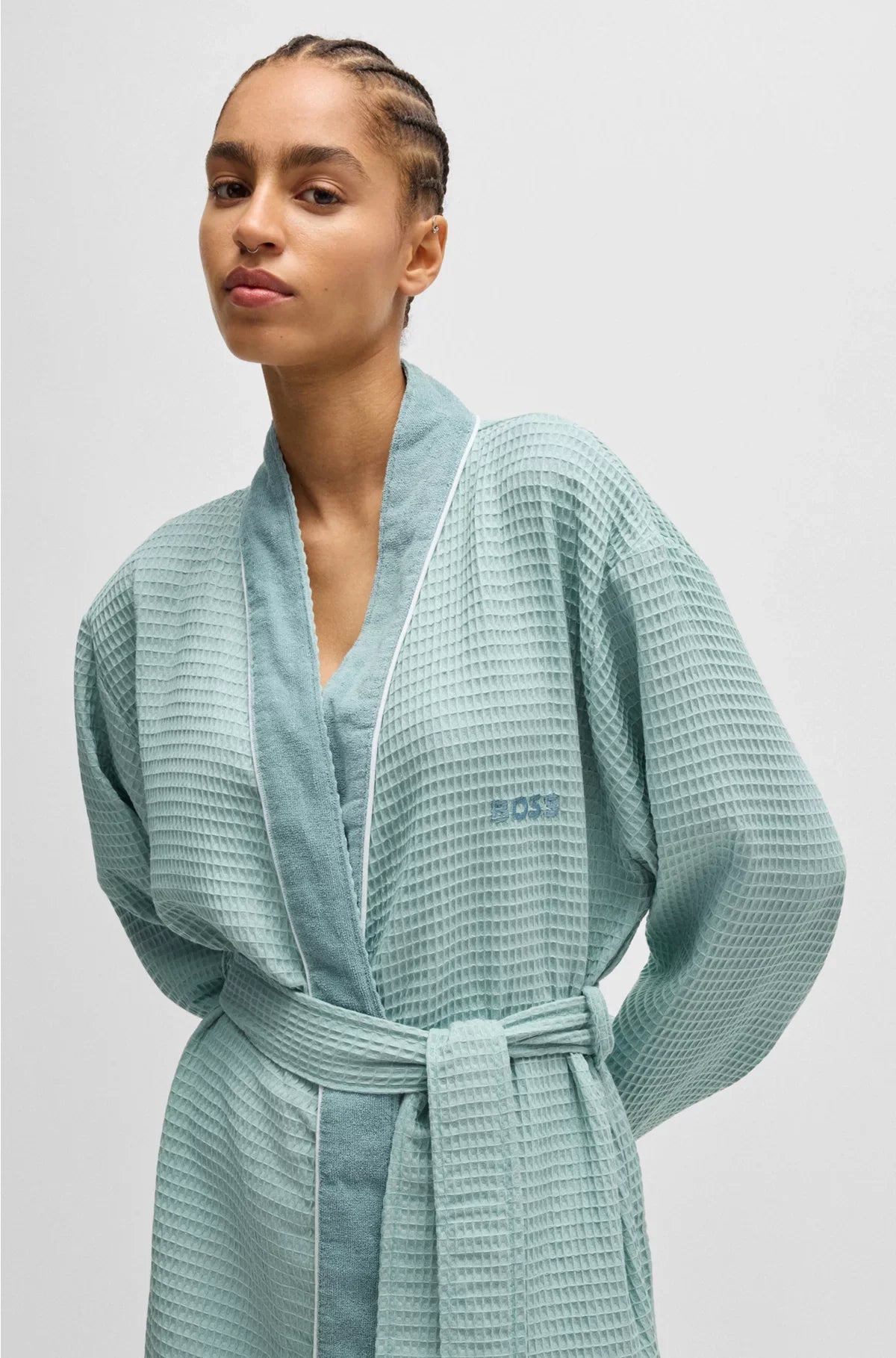 HONEYCOMB-COTTON DRESSING GOWN WITH TERRY CONTRASTS