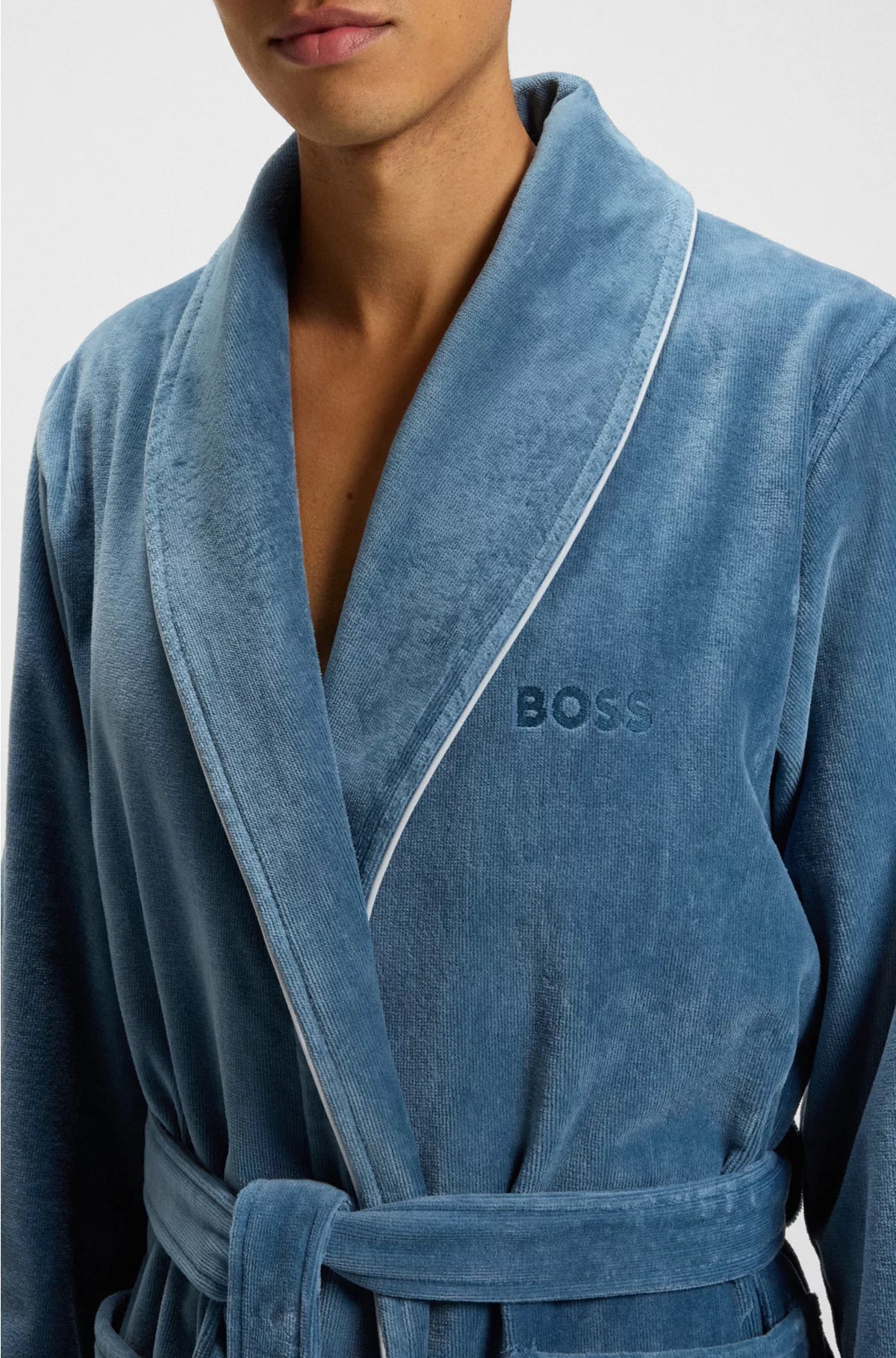 COTTON DRESSING GOWN WITH PIPING AND EMBROIDERED BRANDING
