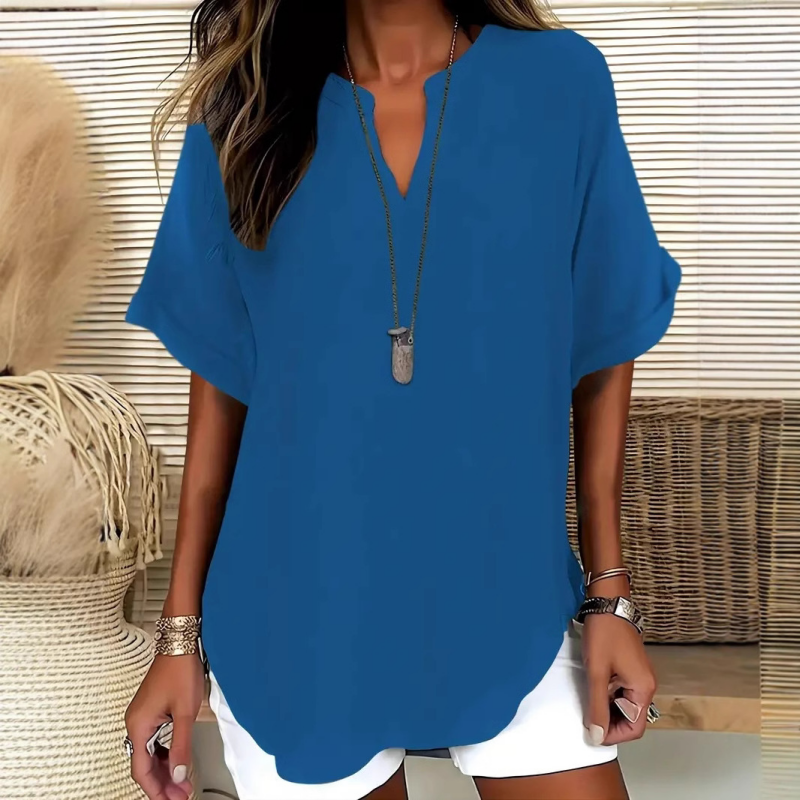 💎 60% OFF! 💎 Fashion Loose Short Sleeve Top – Notched V-Neck, Asymmetrical Hem & Lightweight Fabric (5 Colors, S–2XL) 👕🌸