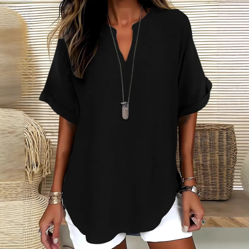 💎 60% OFF! 💎 Fashion Loose Short Sleeve Top – Notched V-Neck, Asymmetrical Hem & Lightweight Fabric (5 Colors, S–2XL) 👕🌸