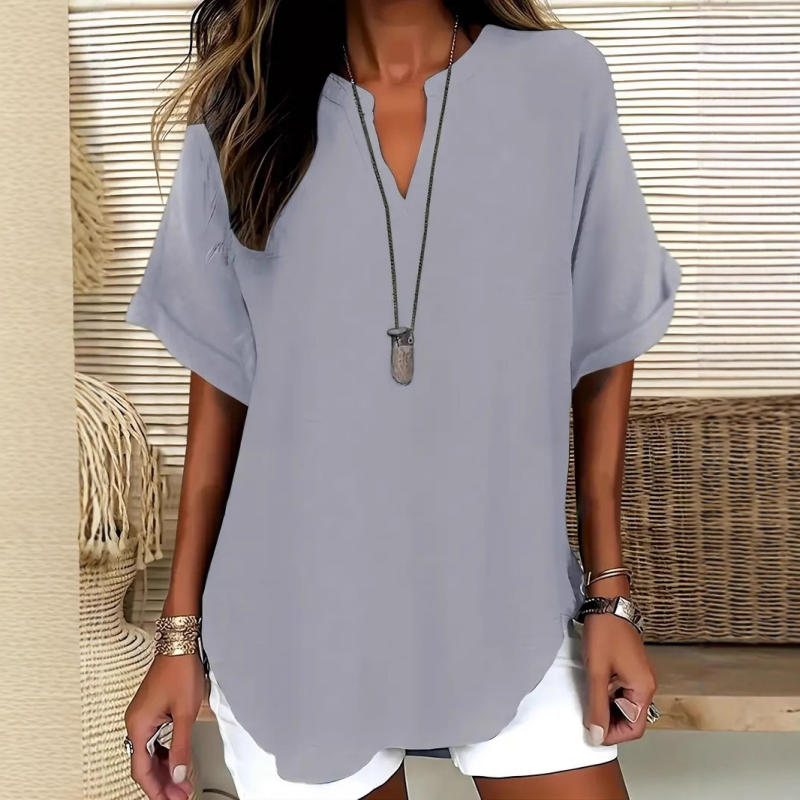 💎 60% OFF! 💎 Fashion Loose Short Sleeve Top – Notched V-Neck, Asymmetrical Hem & Lightweight Fabric (5 Colors, S–2XL) 👕🌸
