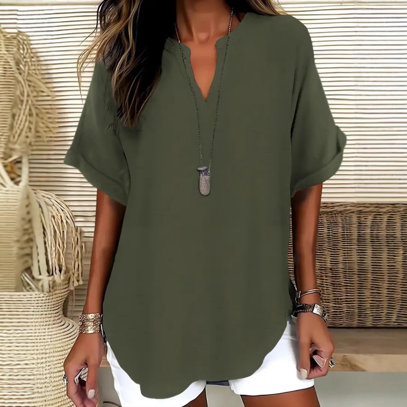 💎 60% OFF! 💎 Fashion Loose Short Sleeve Top – Notched V-Neck, Asymmetrical Hem & Lightweight Fabric (5 Colors, S–2XL) 👕🌸