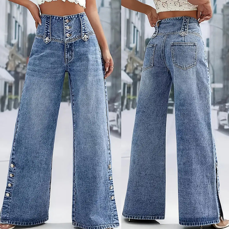 💐SCONTO DEL 50%! Jeans a vita alta a gamba larga – Spacchi laterali di tendenza e stile disinvolto 👖✨【Offerta Lampo】