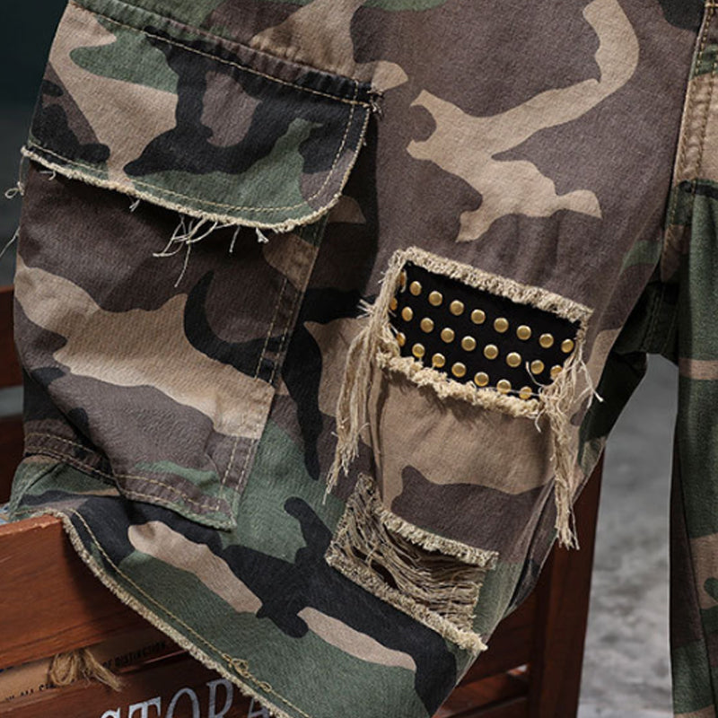 💎 Men's Studded Camo Cargo Shorts – Ripped Design, Gold Stud Accents & Multi-Pocket Utility