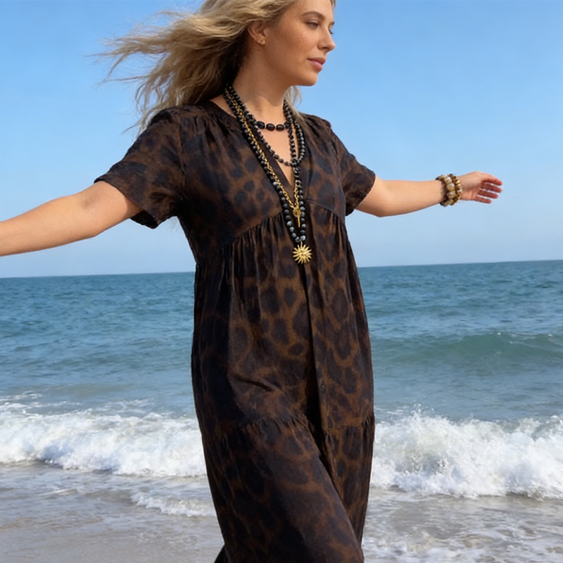 💞New arrival 60% OFF for a Limited Time!!👗Women's V-Neck Leopard Print Maxi Dress With Free Necklace📿💎