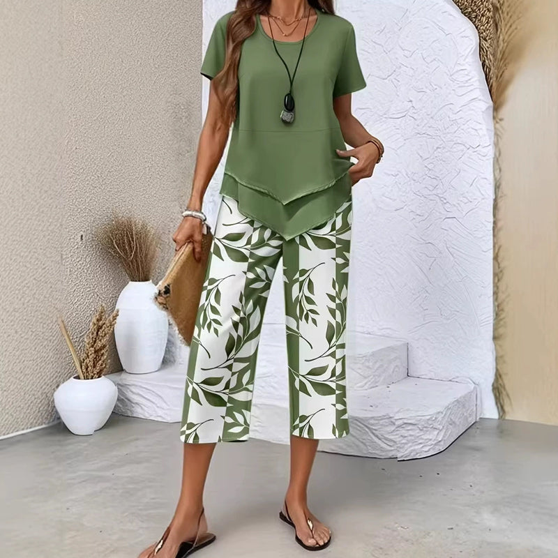 👗 LIMITED TIME: 50% OFF! 🔥 Women's 2-Piece Set – Layered Asymmetrical Tunic Top & Printed Wide Leg Pants, Breathable Polyester ✨