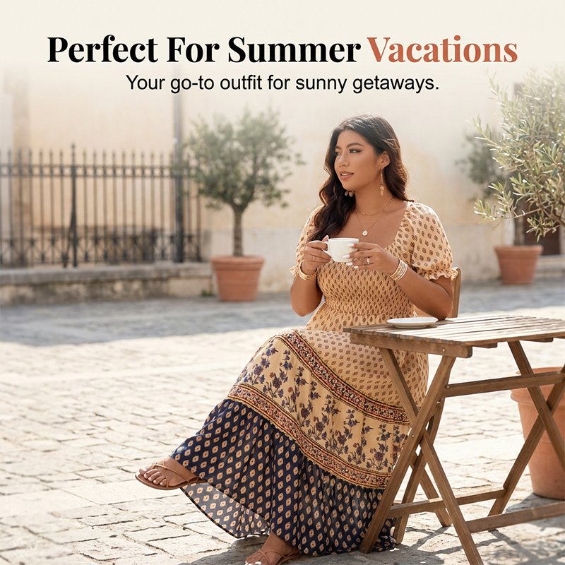 Square Neck Puff Sleeve Tiered Maxi Dress