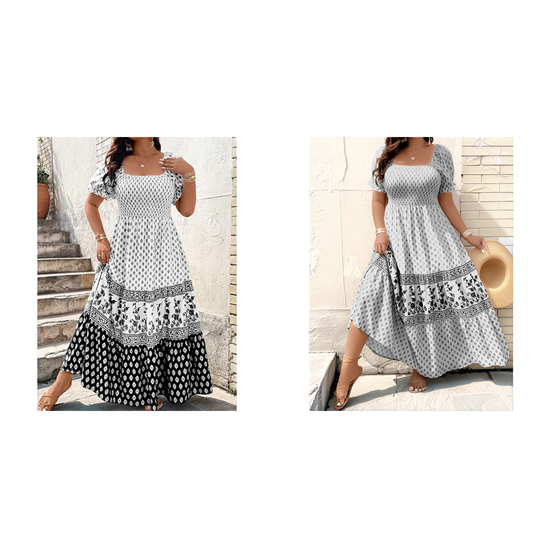 Square Neck Puff Sleeve Tiered Maxi Dress