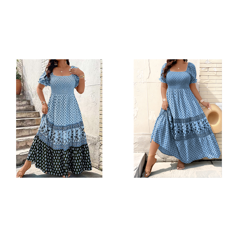 Square Neck Puff Sleeve Tiered Maxi Dress