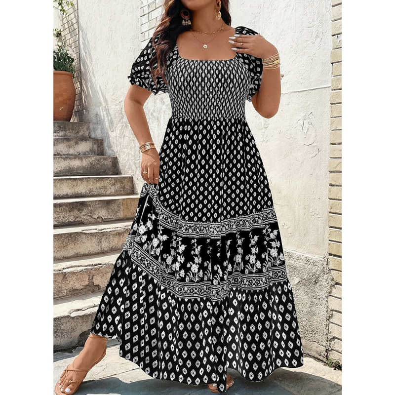Square Neck Puff Sleeve Tiered Maxi Dress
