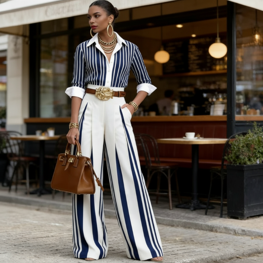 ⏳Offerta a tempo limitato⏰ Completo 2 pezzi: camicia a righe e pantaloni a gamba larga da donna