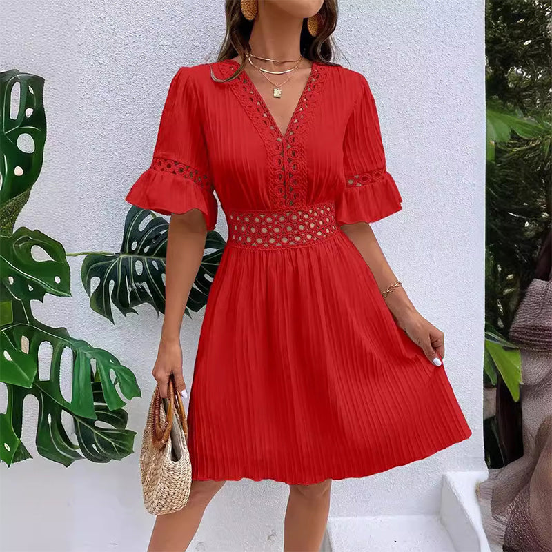 Chic V-Neck Dress with Lace Cutout Details