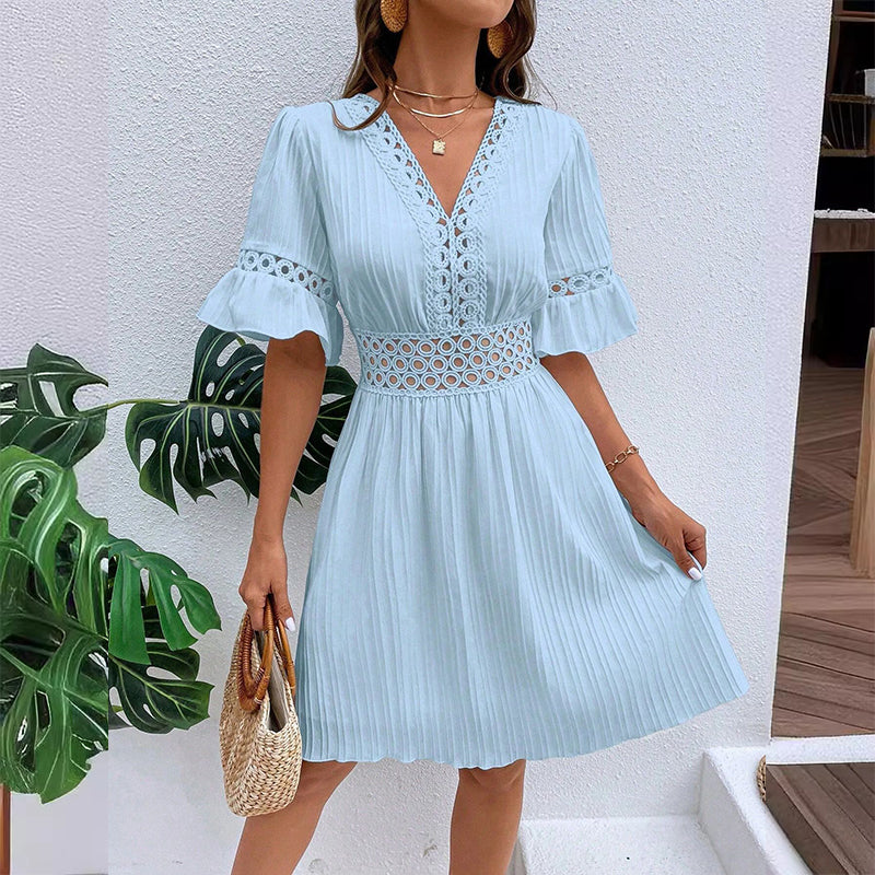 Chic V-Neck Dress with Lace Cutout Details