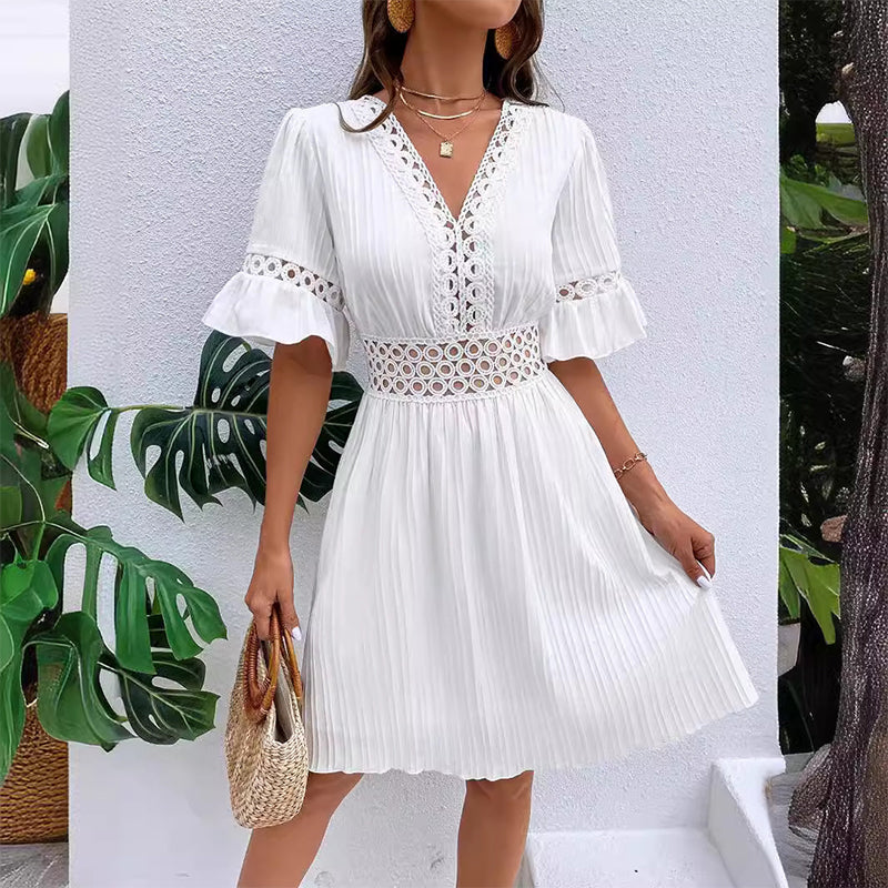 Chic V-Neck Dress with Lace Cutout Details