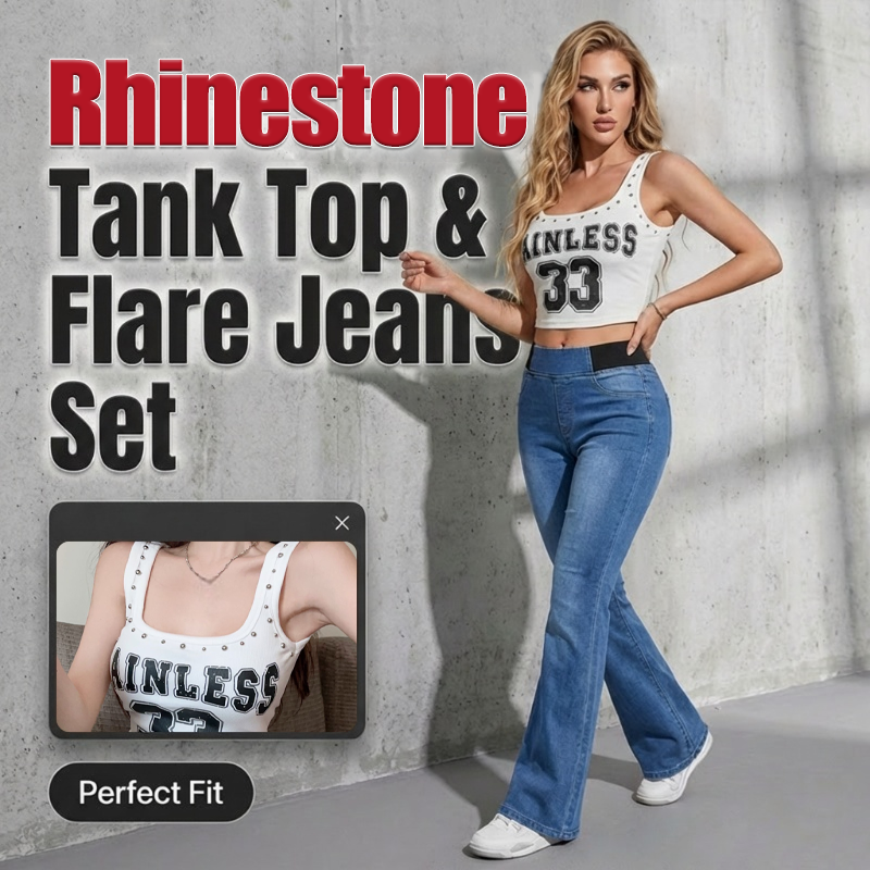 Chic Rhinestone Tank Top & Flare Jeans 2-Piece Set
